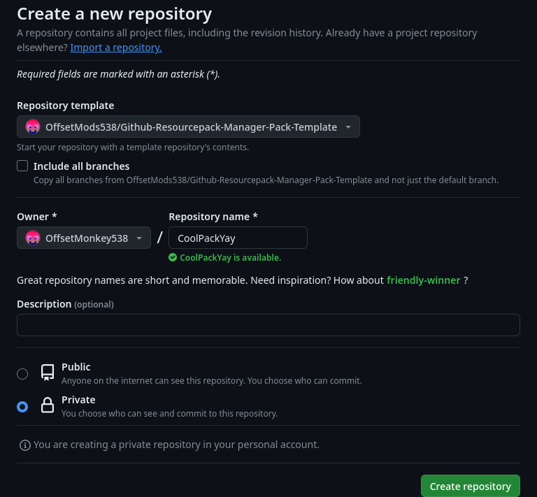 Image showing an example configuration on the repository creation page