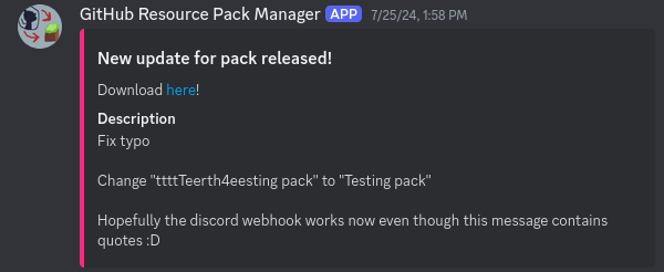 Image showing an embed message sent by the mod though a webhook