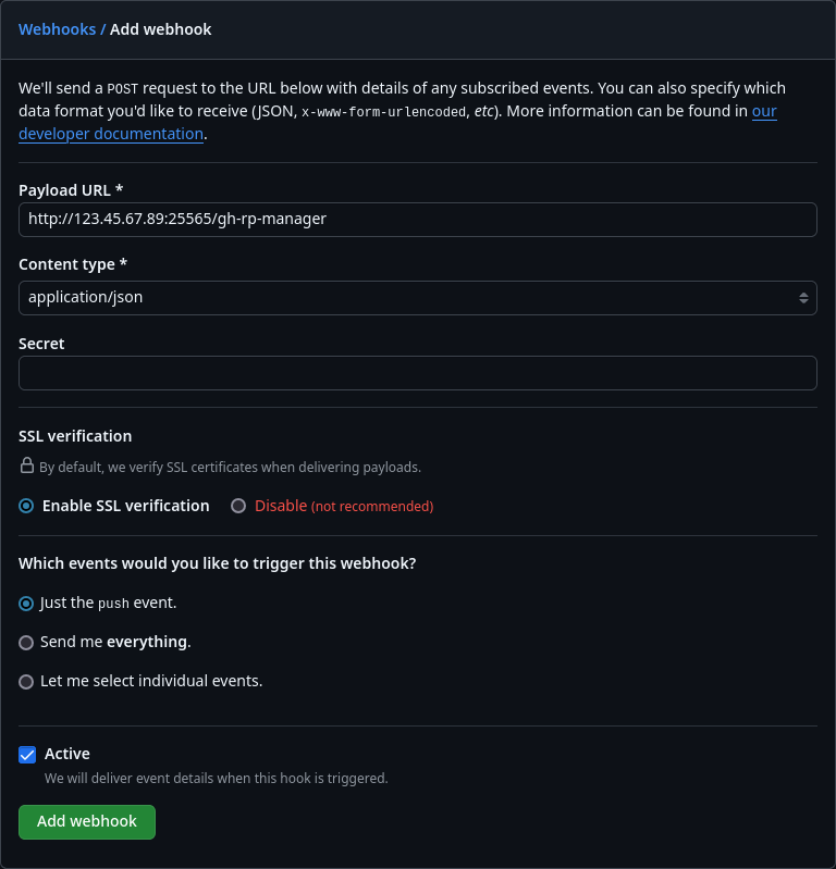 Image showing webhook creation page filled in